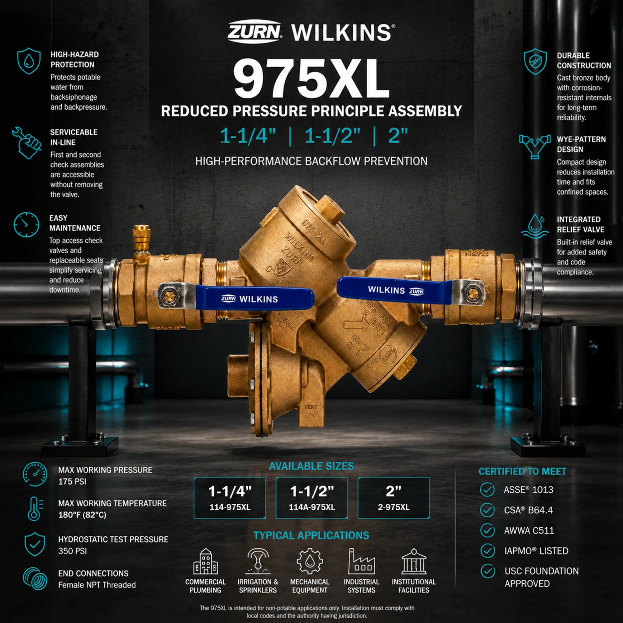 Zurn Wilkins 2-975XL 2" RPZ Reduced Pressure Backflow Preventer