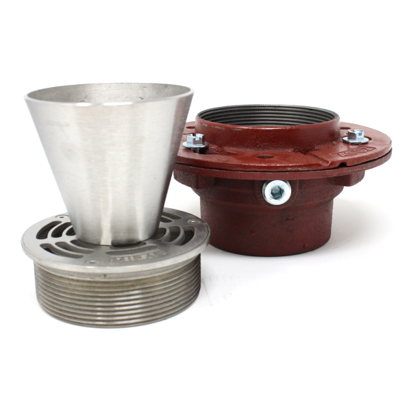 MIFAB F1000-C-5-3-7-F4 Floor Drain, Membrane Clamp Collar, 5" Round Heavy-Duty Stainless Steel Strainer, Trap Primer Connection, 4" Round Stainless Steel Funnel, 2" 3" 4" No-Hub Connection