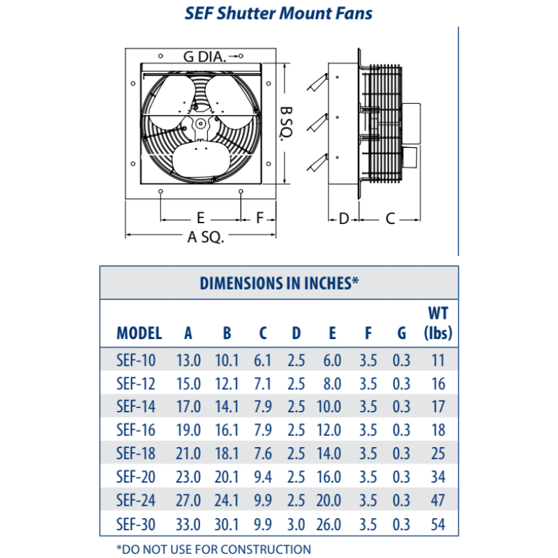 Continental Fan CFM SEF-16 16" Shutter Mount Wall Exhaust Fan, 1700/1900/2100 CFM