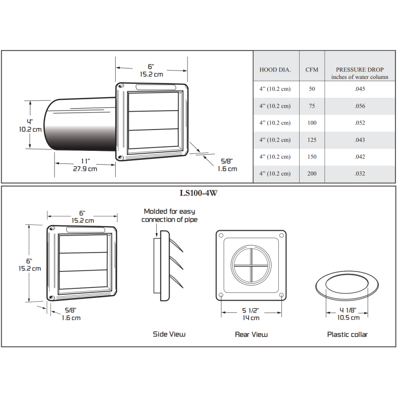 CFM LS150-6W 6" Duct White Louvered Shutter with Tailpiece