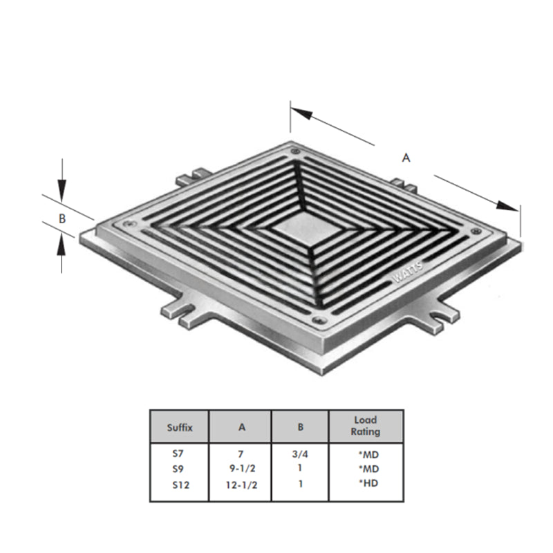 WATTS Drainage CO-300-S7-1 7" Square Nickel Bronze Access Cover measurements