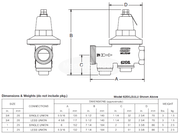 Zurn Wilkins 34-625XL 3/4" Replacement Pressure Reducing Valve