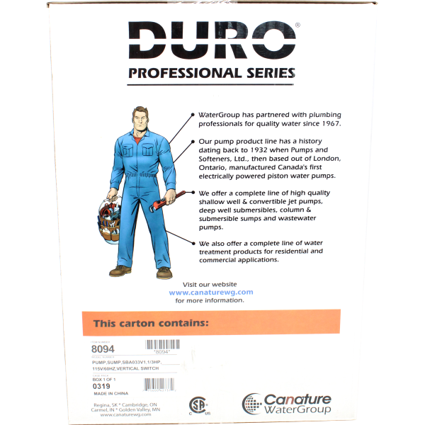 Duro 8094 DSB250V Titan Basement Submersible Sump Pump 1/3 HP - Vertical Float