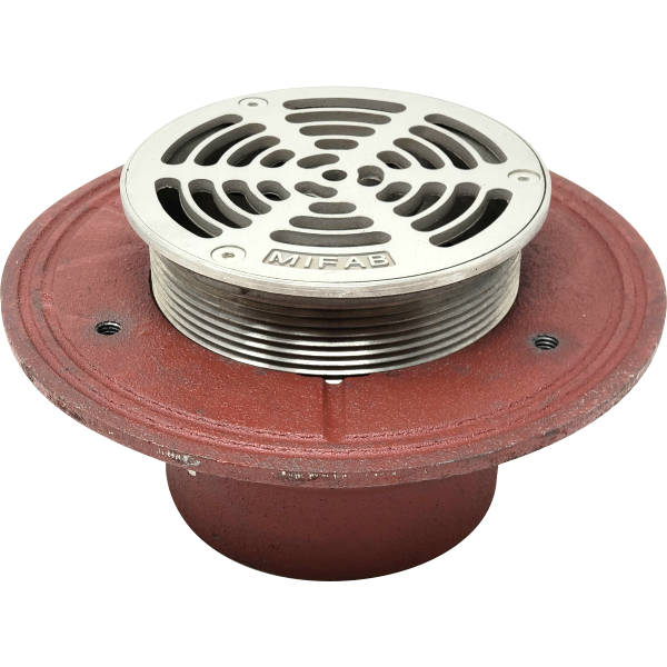 Mifab F1000-5-3-7 Floor Drain for Non-Membrane Floors, Heavy-Duty 5" Round Stainless Steel Strainer, Trap Primer Connection, 2" 3" 4" 6" No-Hub Connection
