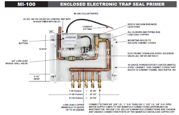 MIFAB MI-100-5 Enclosed Electronic Trap Seal Primer, 1-5 Opening Ports with Cabinet