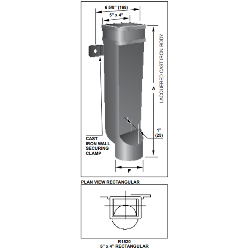 MIFAB R1520 5" x 4" Cast Iron Downspout Boot w/ Wall Securing Clamp and Hardware