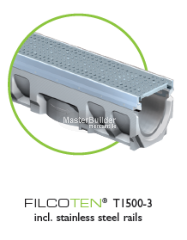 MIFAB T1500N-3-FSPC FILCOTEN 6" Wide Fibre Re-Enforced Concrete Trench Drain w/ Stainless Rail and Stainless Perforated Grating, Neutral Channel