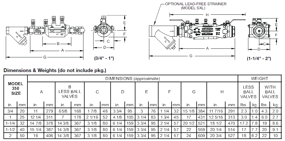 Zurn Wilkins 350XL DCVA Double Check Valve Assembly Backflow Preventer Lead-Free (1/2" - 2")