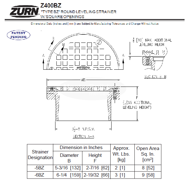 Zurn ZB400-6BZ 6" Round Polished Bronze Leveling Floor Drain Strainer