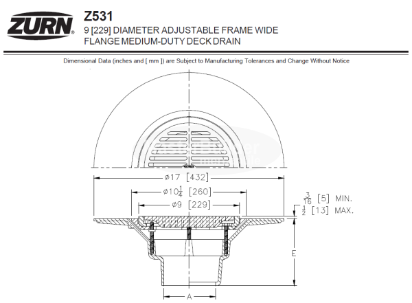 Zurn Z531 9" Adjustable Frame Wide Flange Medium-Duty Deck Drain