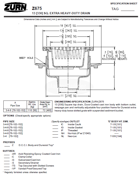 Zurn Z675 13" Extra-Heavy-Duty Drain w/ Suspended Sediment Bucket