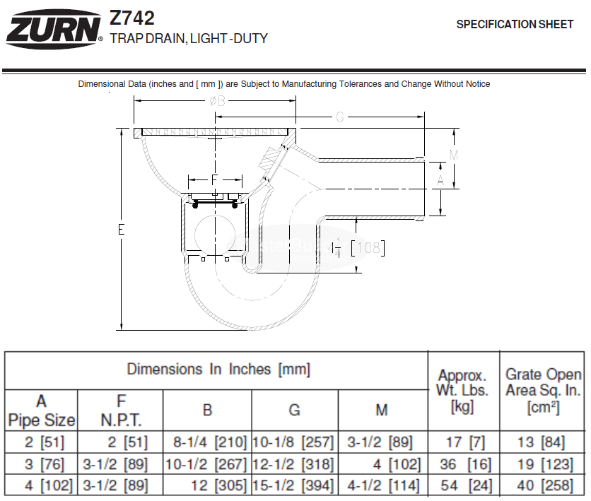 Zurn Z742-3SP 10" Light-Duty Top Drain w/ Integral Double Wall Trap, Side Outlet, Backwater ValveZurn Z742-4SP 12" Light-Duty Top Drain w/ Integral Double Wall Trap, Side Outlet, Backwater Valve