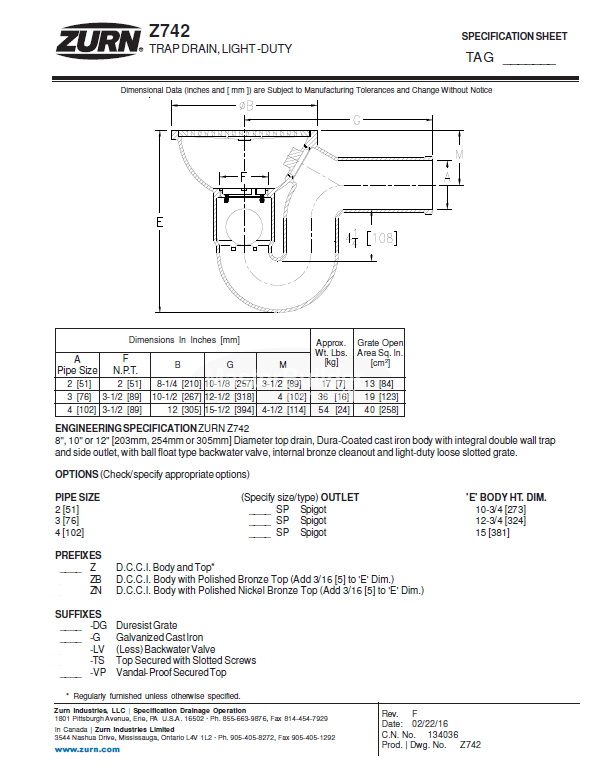 Zurn Z742-2SP 8" Light-Duty Top Drain w/ Integral Double Wall Trap, Side Outlet, Backwater ValveZurn Z742-3SP 10" Light-Duty Top Drain w/ Integral Double Wall Trap, Side Outlet, Backwater ValveZurn Z742-4SP 12" Light-Duty Top Drain w/ Integral Double Wall Trap, Side Outlet, Backwater Valve