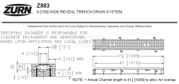 Zurn Z883 6" Wide x 40" Long Non-Sloped HDPE Shallow Trench Drain Channel