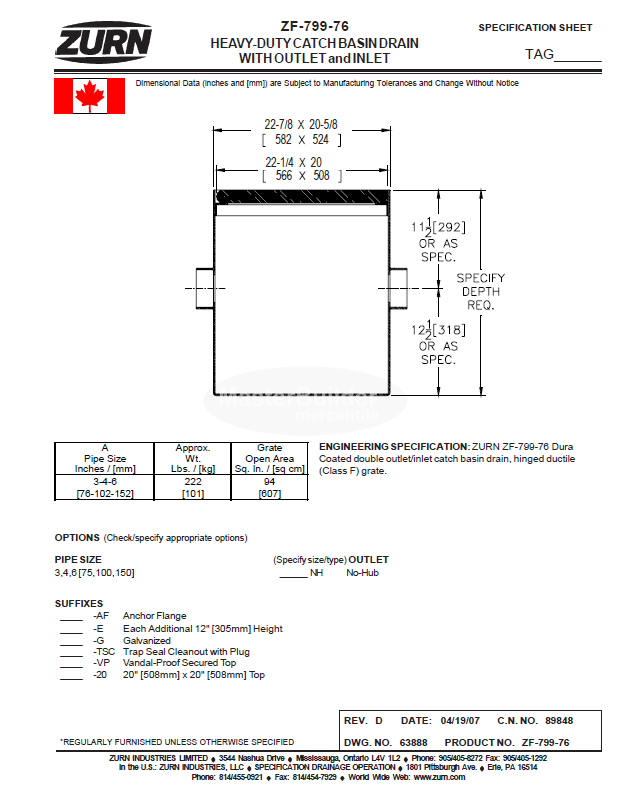 Zurn ZF799-76 Heavy-Duty Catch Basin Drain with Outlet and Inlet